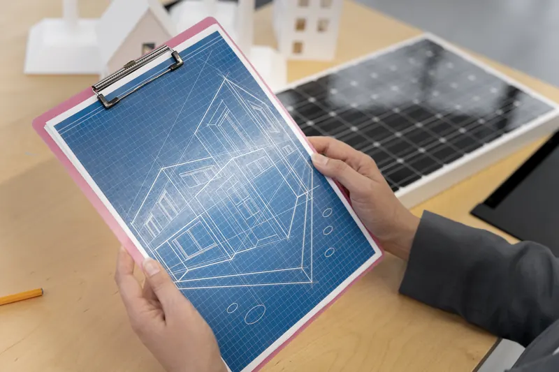 Plano de instalación fotovoltaica y panel solar sobre una mesa de trabajo